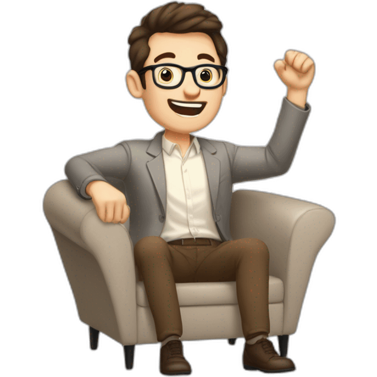 Joyful Celebrating victory Hands up Pale skinned Fit Man With dark brown hair in gray jacket, beige office shirt, Brown pants and vintage glasses sitting In a soft chair emoji