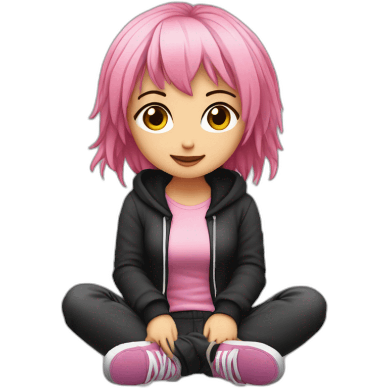 full body Front view curvy emo girl pink hair sits on the floor straight view hands up черная юбка белые трусики рваные полосатые чулки emoji