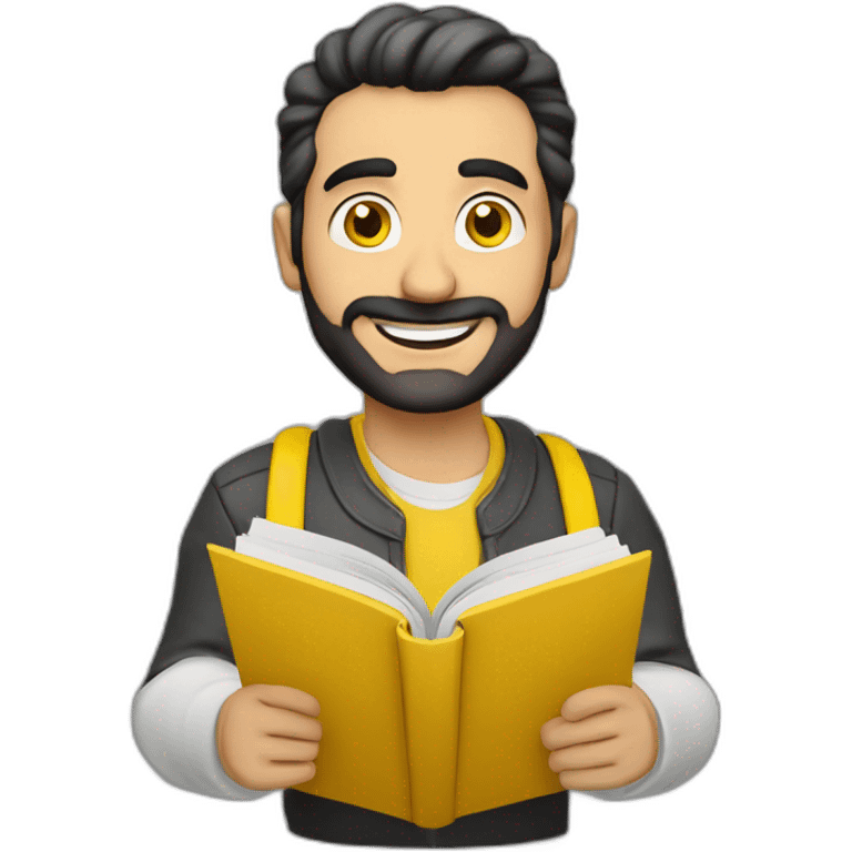 Armenian men with the yellow clouths reading book and looking at camera and smiling  emoji