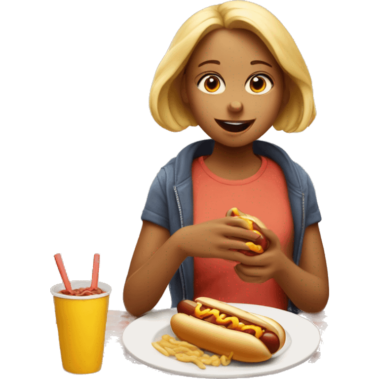 Girl eating hotdog at family dinner  emoji