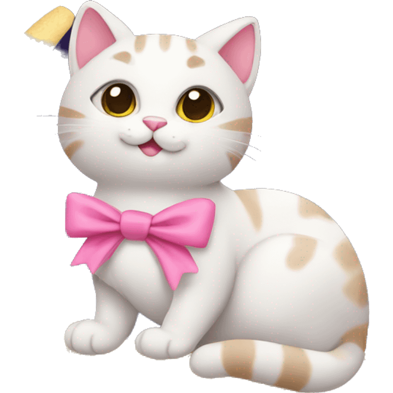 cat with pink bow sitting on the moon emoji