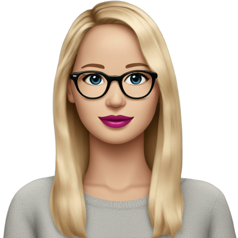 Jennifer Lawrence,  blu eyes wearing glasses and pink lipstick emoji