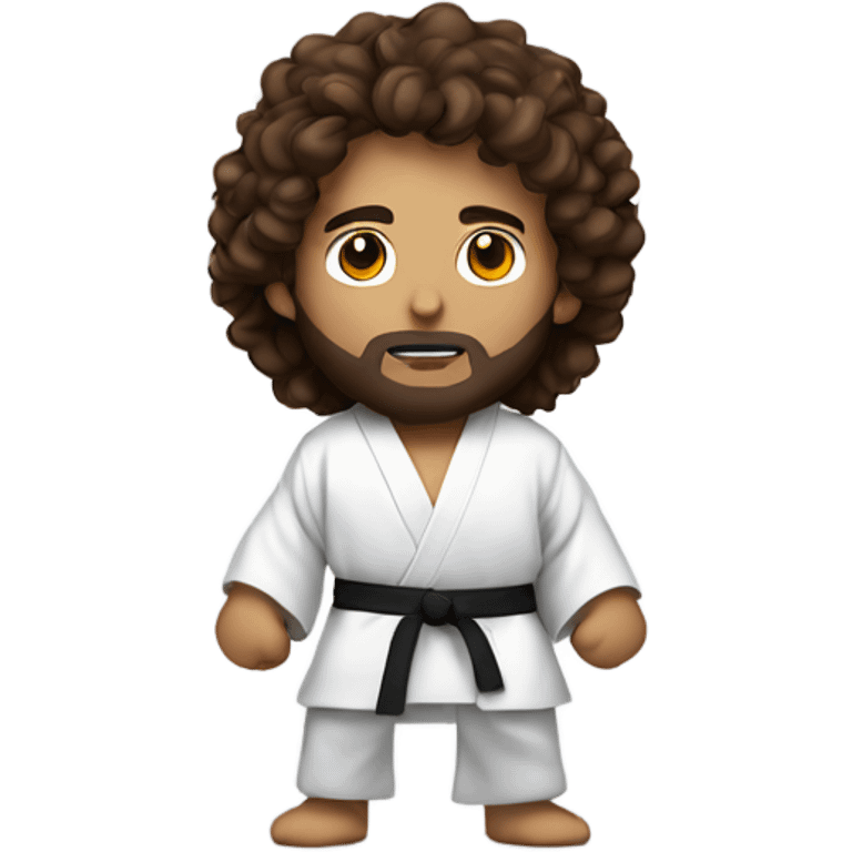 young sensei with brown long curly hair that's facing upwards and beard Wearing a white robe and holding martial arts equipment emoji