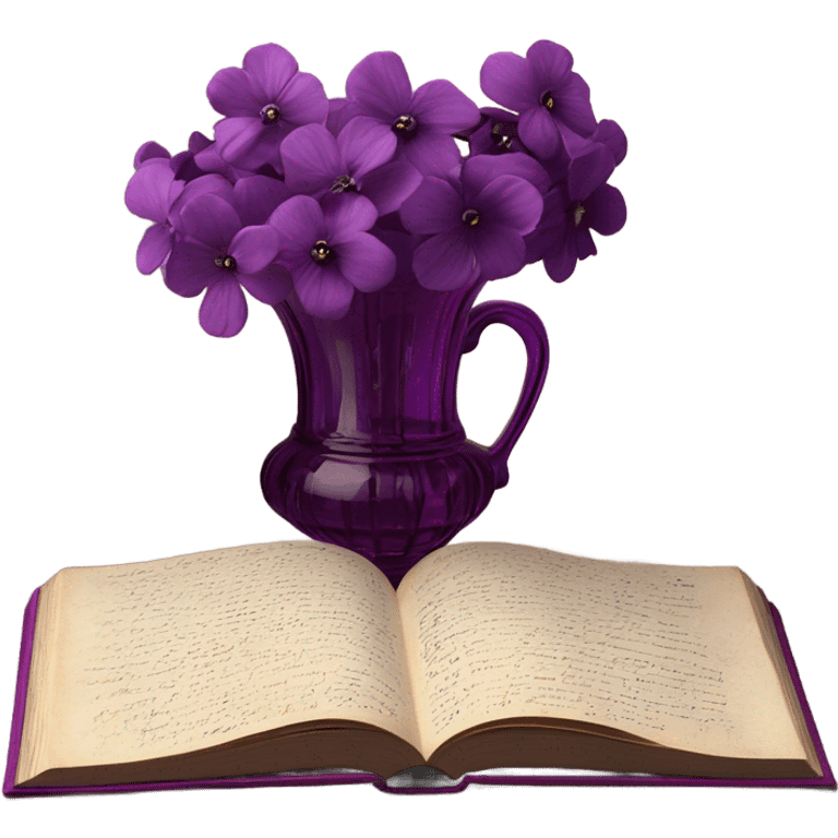 An aesthetic arrangement of a violet vintage book and dark magenta flowers in a light violet glass vase, surrounded by antique letters emoji