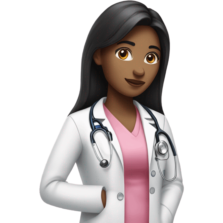 Long black hair female doctor in pink undershirt white coat over pink stethoscope  emoji