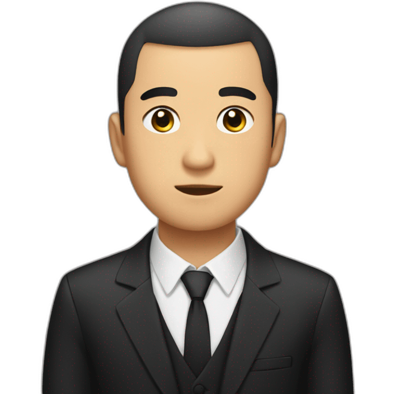 Asian, thick eyebrows, Buzz cut, emotionless, black suit emoji