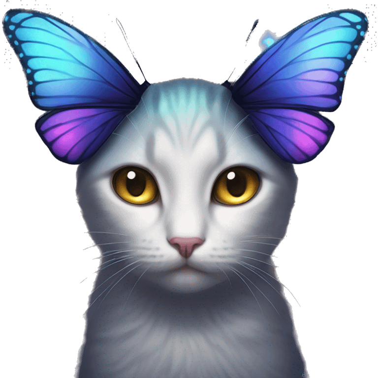 Dark iridescent butterfly glowing on top of cats head  emoji