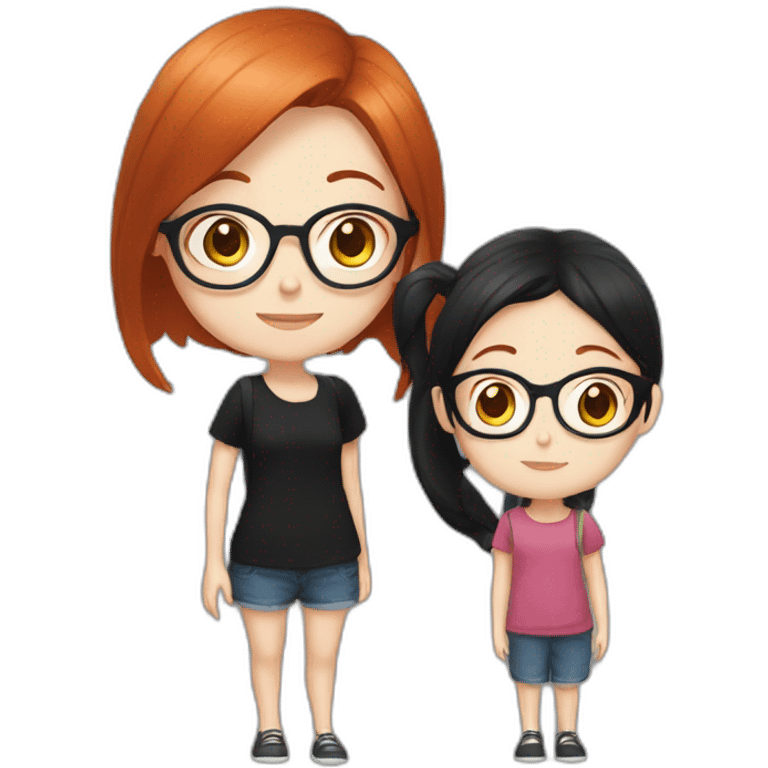 girl otaku redhead wearing glasses and black shirt with her daughter black hair emoji