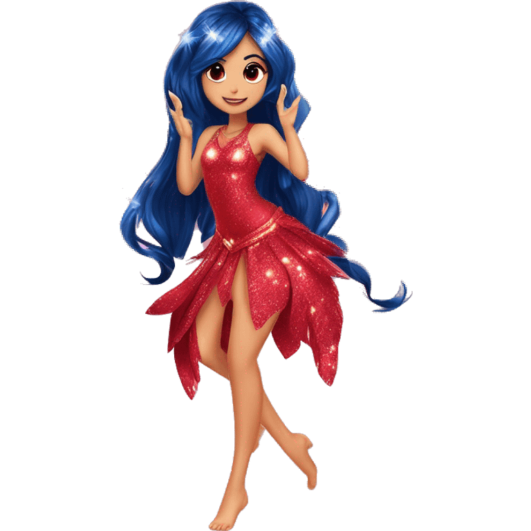 Musa asian adult latina fairy of music in her enchantix fairy red sparkling two-piece clothing and fairy enchantix wings and long dark blue hair from winx club. Lots of sparkles and fairydust. Full body pic and full fairy bliss emoji