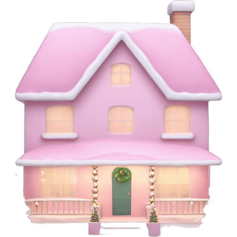 Pastel pink Christmas house with Christmas lights and evergreen trees emoji