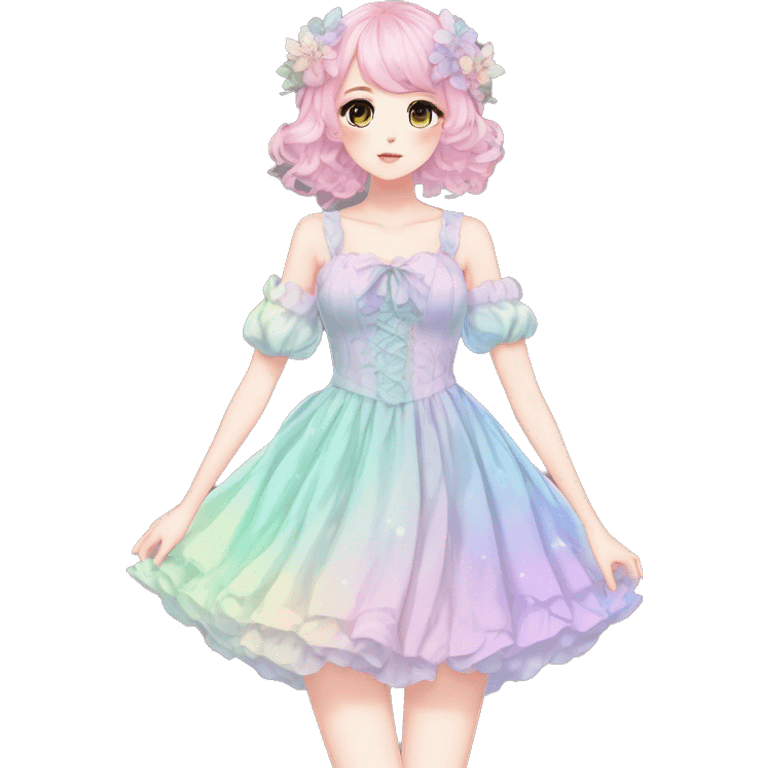 gorgeous pretty attractive anime lady beautiful pastel-gradient hair with gorgeous dress fairycore cottagecore pastelcore detailed high quality trending VOGUE aesthetic full body emoji