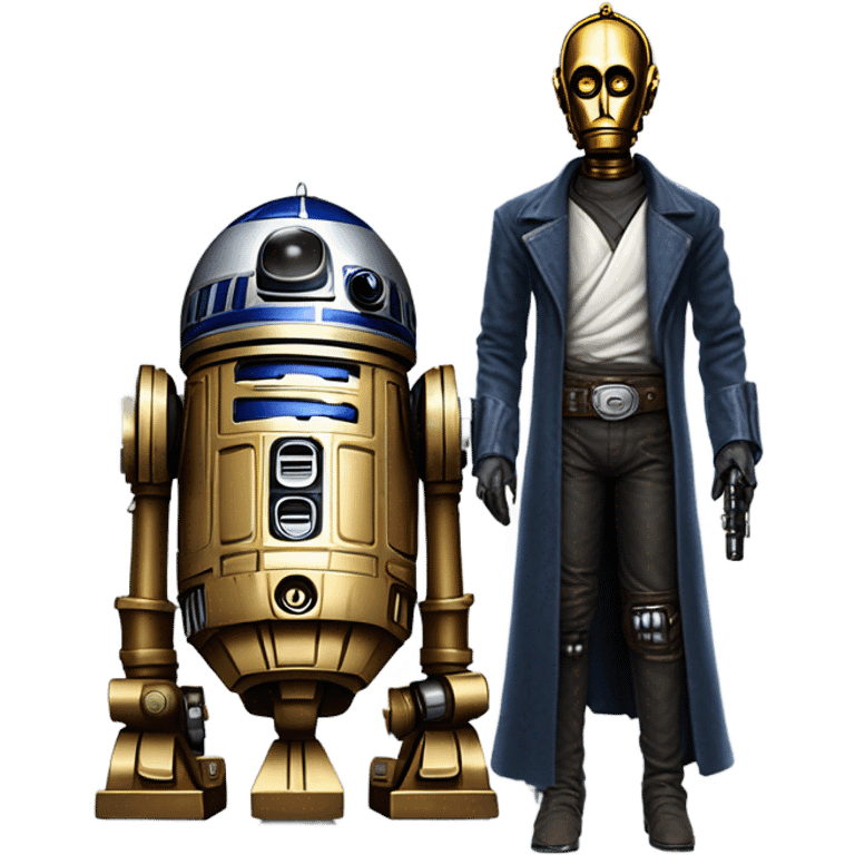 tarnished undercover tough well-equipped Jedi  life-sized darkblue-pearl C3po as a friendly droid wearing a leather clothing old west duster coat holding light saber  emoji