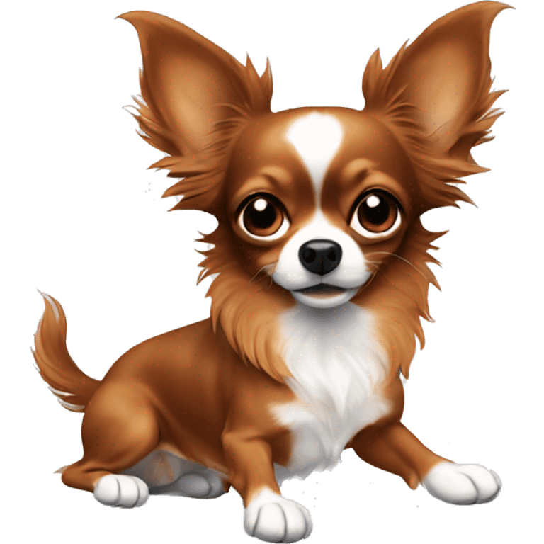 Long haired reddish brown chihuahua with white spots playing emoji