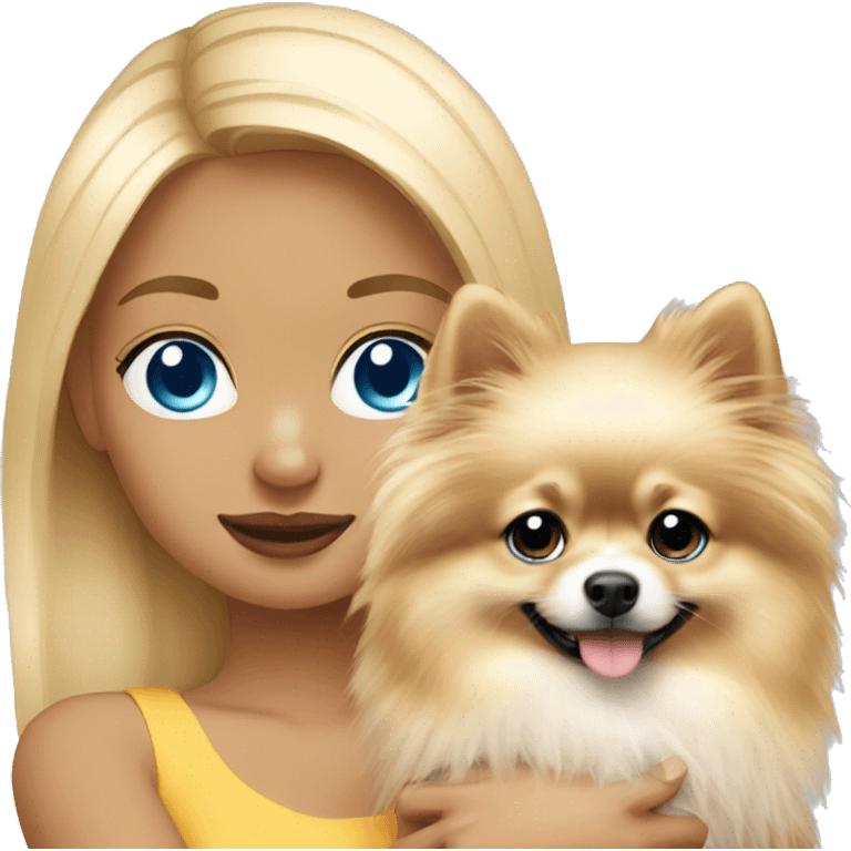 blond hair girl blue eyes holding a blond pomeranian emoji