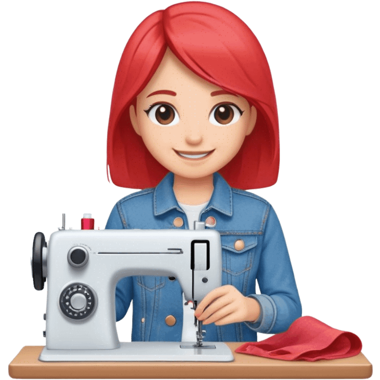 Smiling girl in denim jacket with sewing machine. emoji