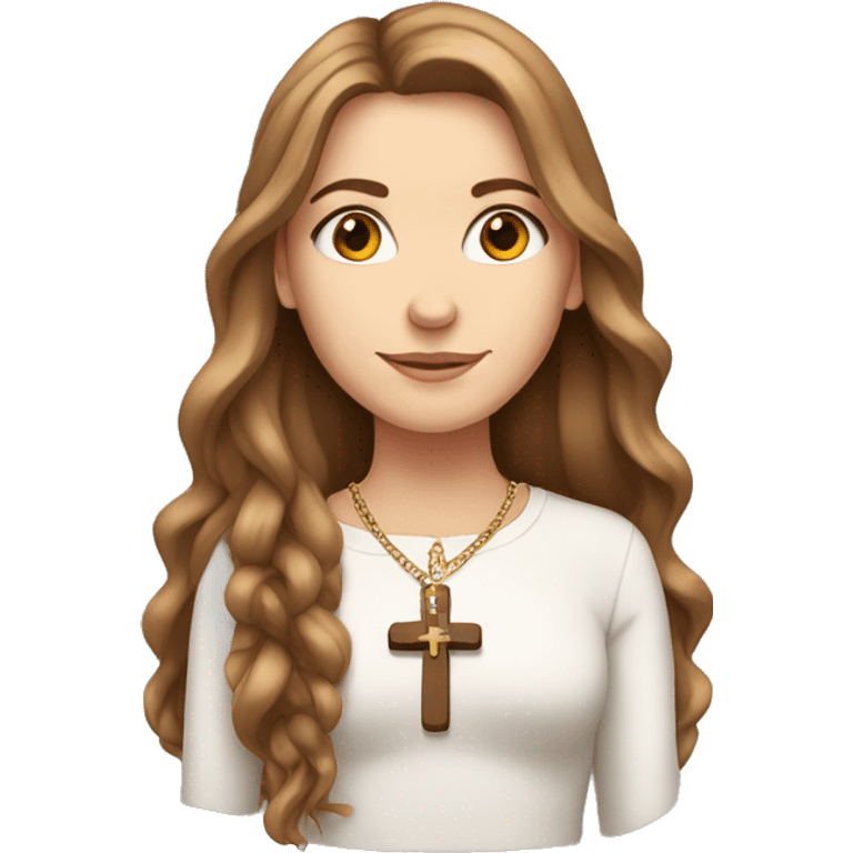 White girl, with brown long hair and a cross necklace emoji