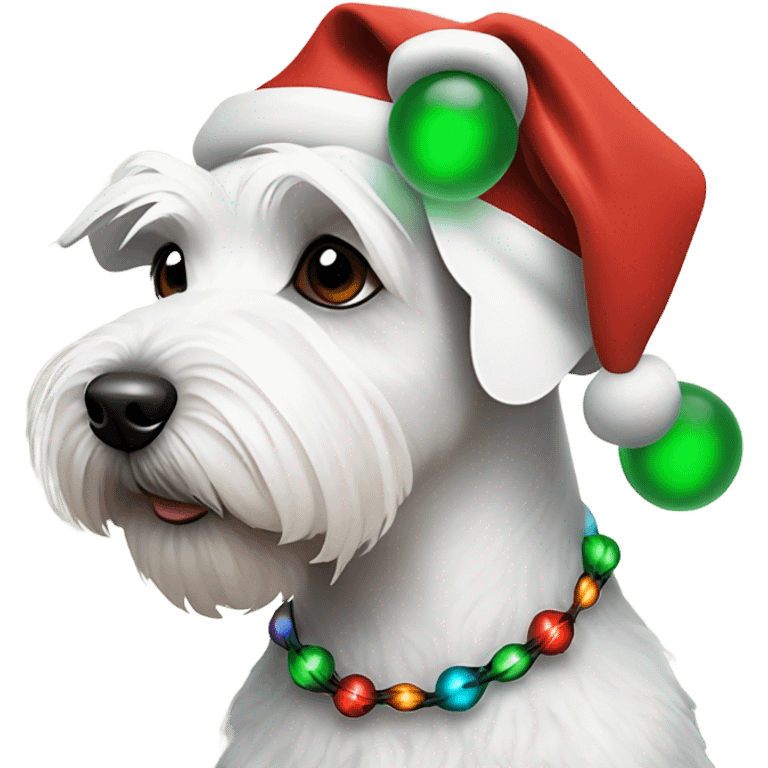 White miniature schnauzer with Santa hat and tangled up in Christmas lights emoji