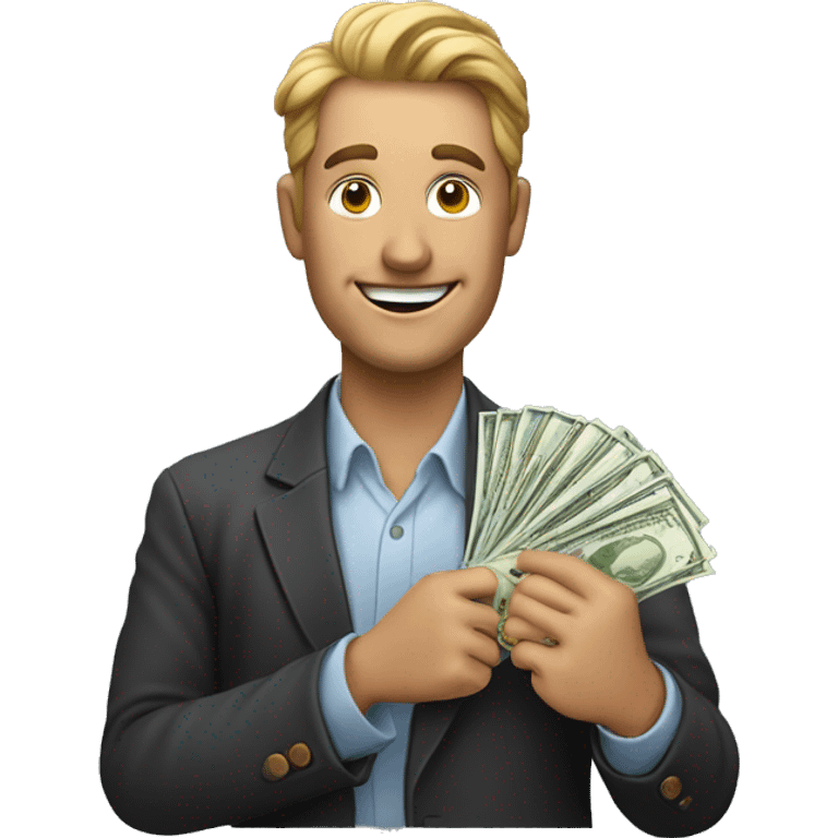 HEAD OF A MAN who looks happy, in his hand he holds money that he is wanting to offer for a sale purchase emoji