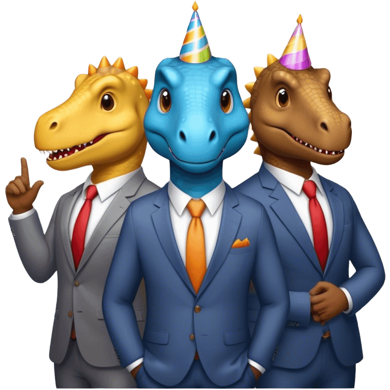 three office dinosaurs in office suits celebrating birthday emoji