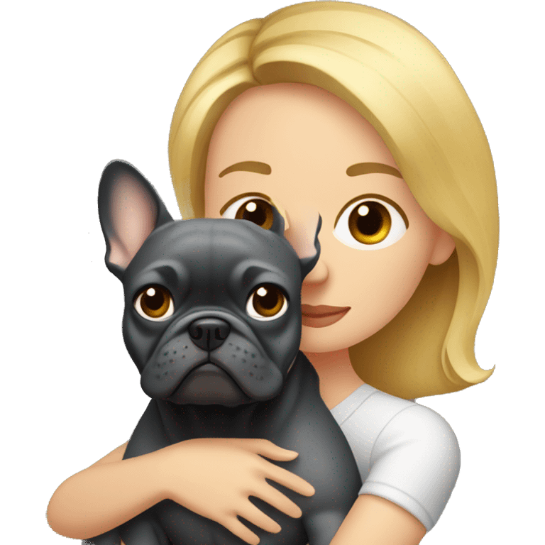 Honey blonde woman with hugging dark gray french bulldog emoji