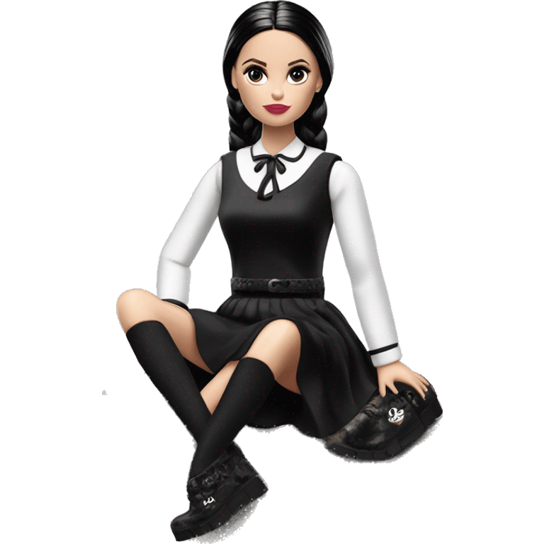 Silkstone Barbie Wednesday Addams sitting in a rock.  emoji