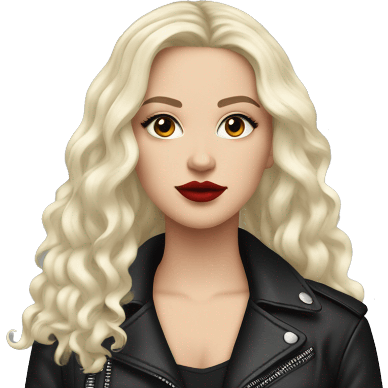 White girl, with long curly black hair, with red lipstick, black winged eyeliner, wearing black shirt and black leather jacket emoji