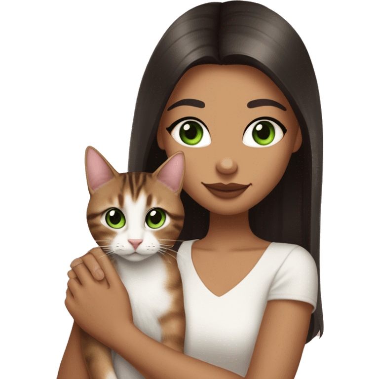 A girl with green eyes and dark brown straight hair, and makeup nude lipstick  and eyelashes, slightly tanned, oval light pink fingernails ,white top, holding a brown tabby cat with green eyes  emoji