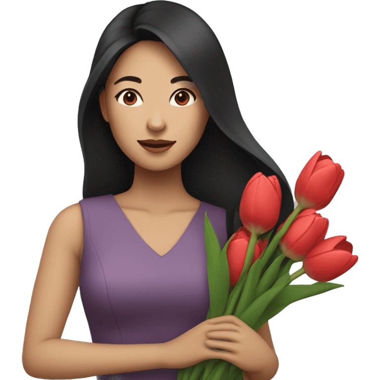 Asian woman with dark hair holding tulips emoji