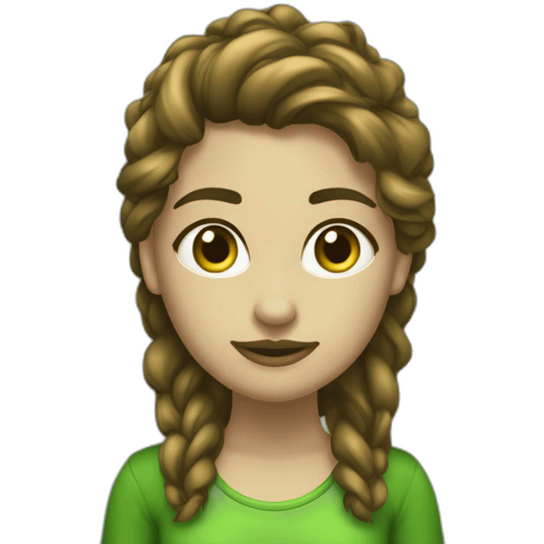 Chica rubio oscuro pelo rizado largo con ropa verde ldelante ordenador emoji