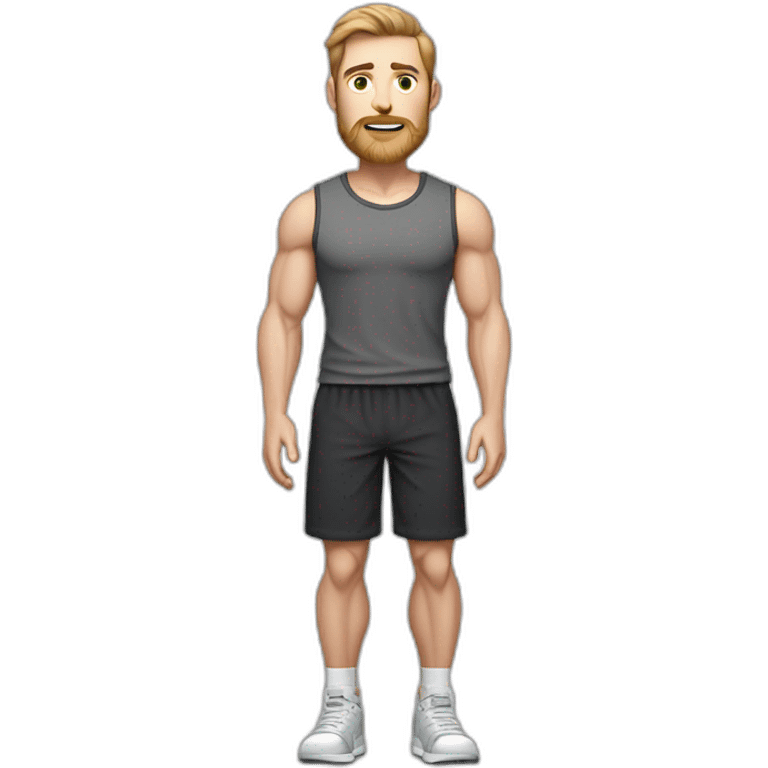 Full height Pale skinned muscular man With Realistic eyes and mouth, light brown hair and stubble In dark gray sleeveless mike, black oversize sports shorts, watch and white sneakers. emoji