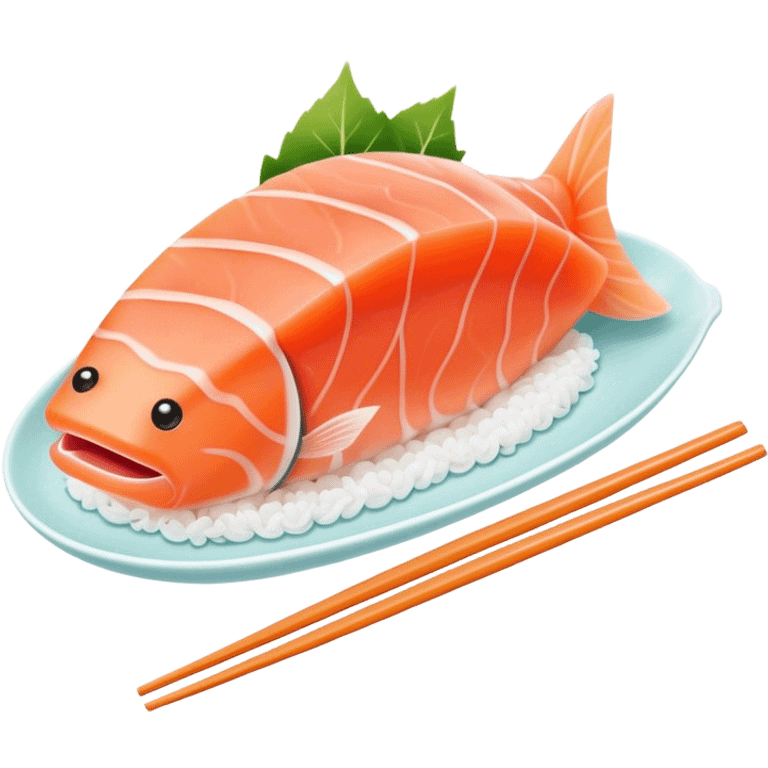 Cute Kawaii Sashimi Slice, delicate and fresh, bright orange salmon with soft pastel textures, an adorable happy face, tiny chopsticks lifting it, gentle glowing highlights! emoji