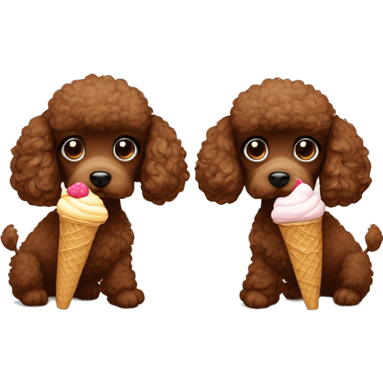 Two brown toy poodles. One is smaller than the other one. One is eating ice cream, the other one is watching emoji