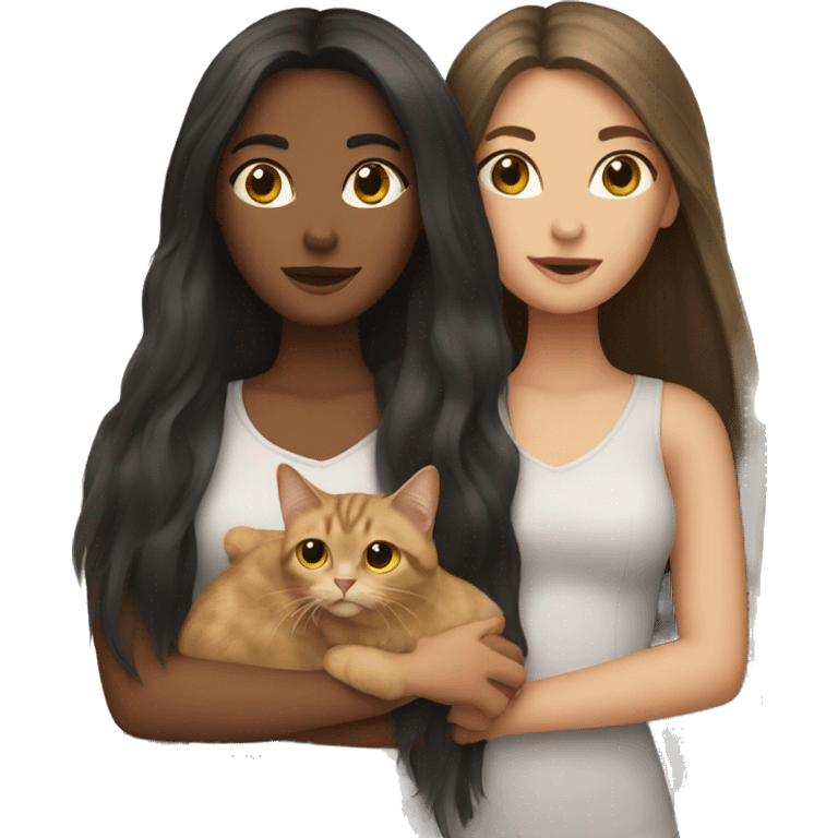 Two long hair brunette girls with two cats  emoji