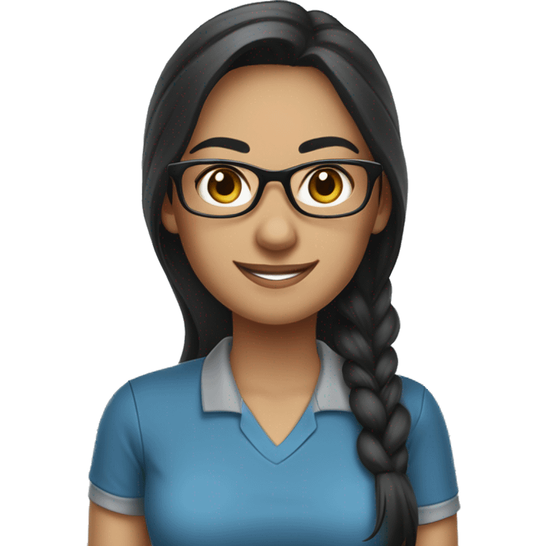 female teacher, long black hair with some grey, wearing blue eyeglasses. Brown eyes. Wearing a polo shirt. Smiling emoji