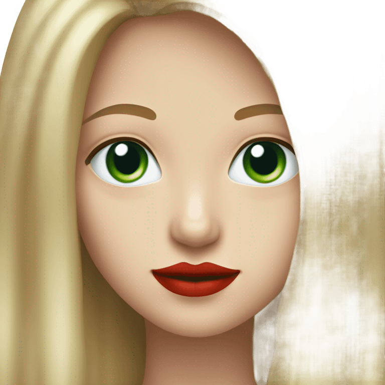 straight long curred hair, tomato red lipstick, blue-green bright eyes, white skin and a very small sharp nose emoji