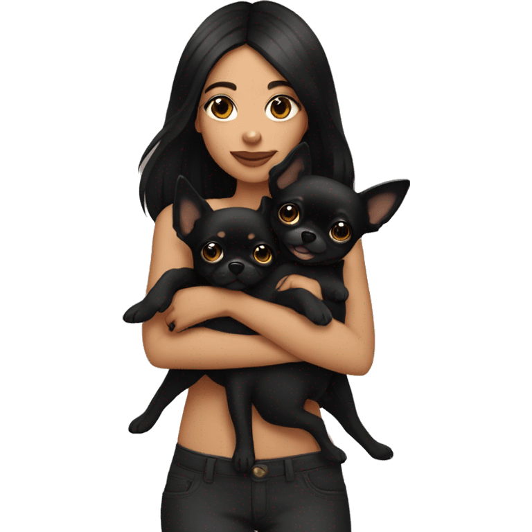 girl with black hair holding her 2 all black chihuahuas emoji