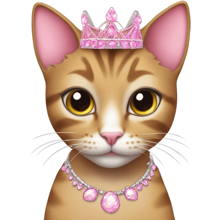 Tabby cat, big eyelashes and a pink tiara, glittery pink claws, glittery jewelry and earrings emoji