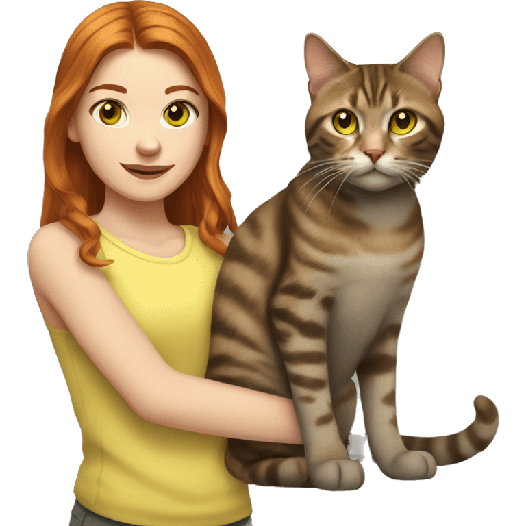 red haired girl with green eyes holding a brown and gray tabby cat with yellow eyes emoji