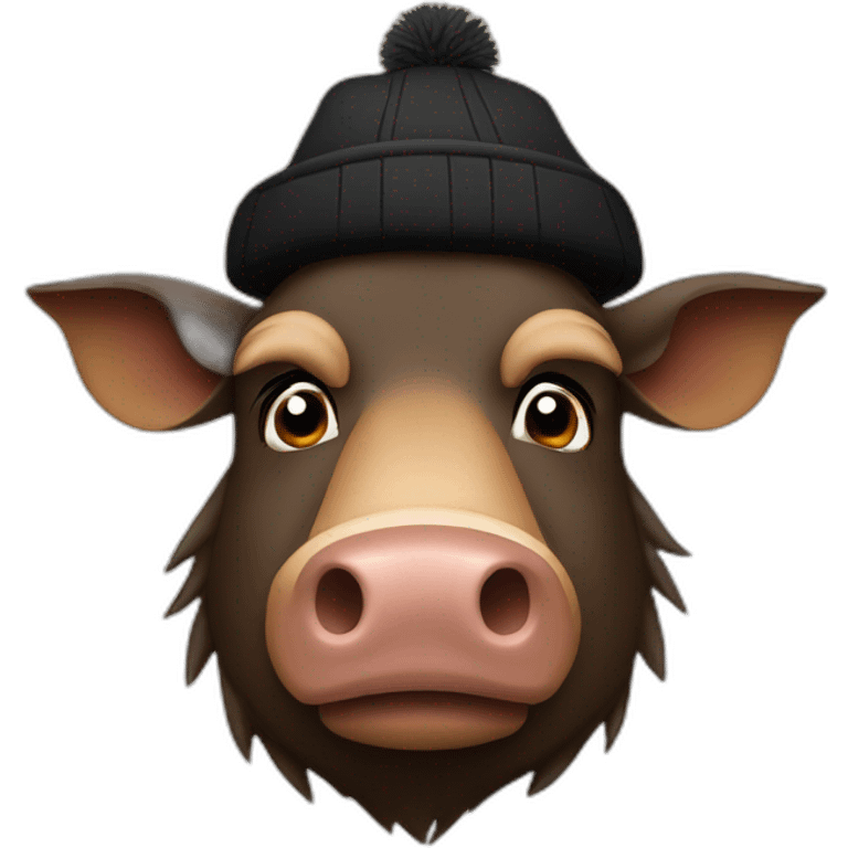 fullface brown boar tired of life with a black winter hat emoji