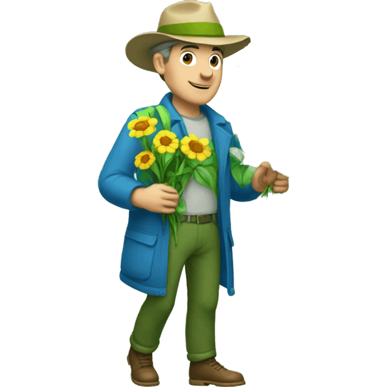 a botanist white man with luigi "D" cap and blue clothes holds various flowers emoji