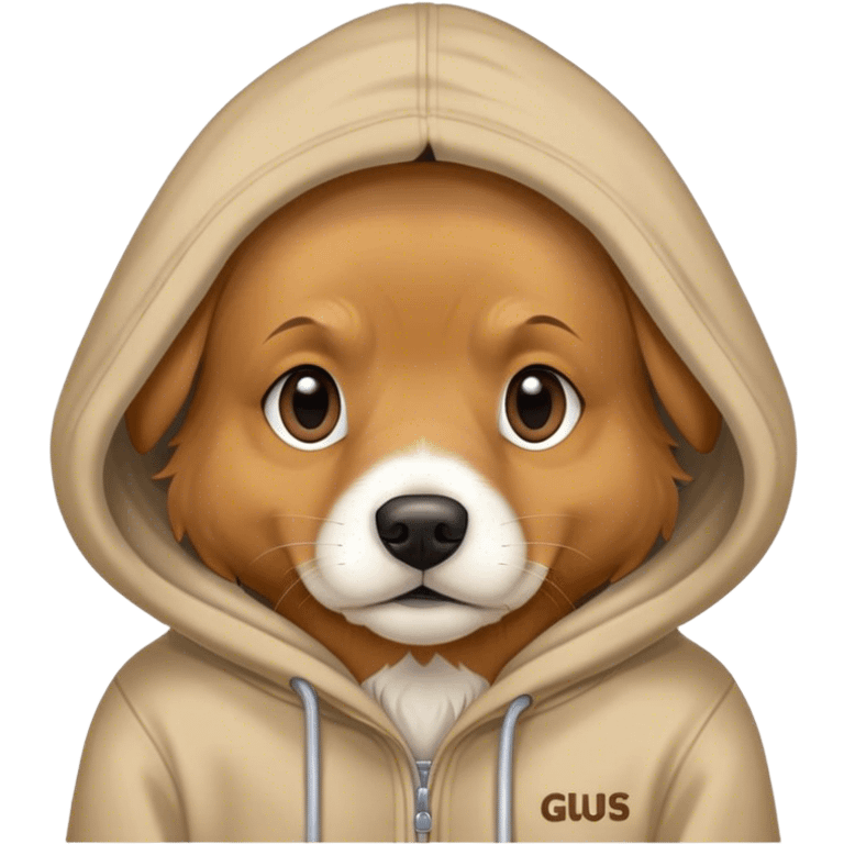 Dog wearing hoodie with Gus on hoodie emoji