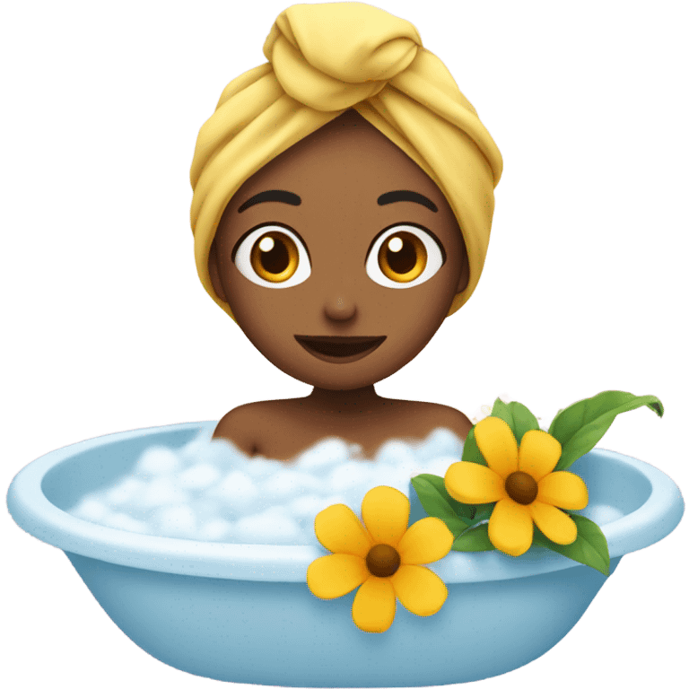 girl with towel on head takes bath with flowers emoji