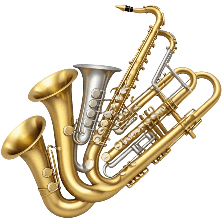 Create a professional, harmonious emoji collage symbolizing wind instruments.  The instruments should be in metallic gold, silver, and brass tones, with subtle reflections to convey a professional and polished appearance. Add soft musical notes or soundwaves to surround the instruments, creating a sense of movement and sound. The background should be transparent, ensuring all instruments are the focus and the composition remains harmonious and balanced. emoji