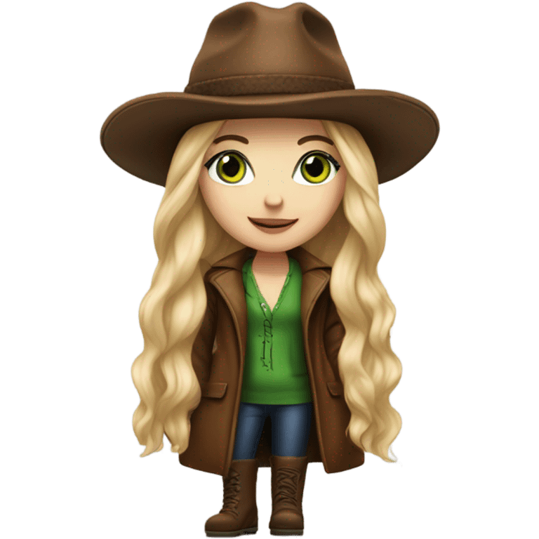 Realistic White girl with Long straight blonde hair, green eyes, tattoos, full body wearing Brown fur coat and fur hat and Brown leather boots emoji