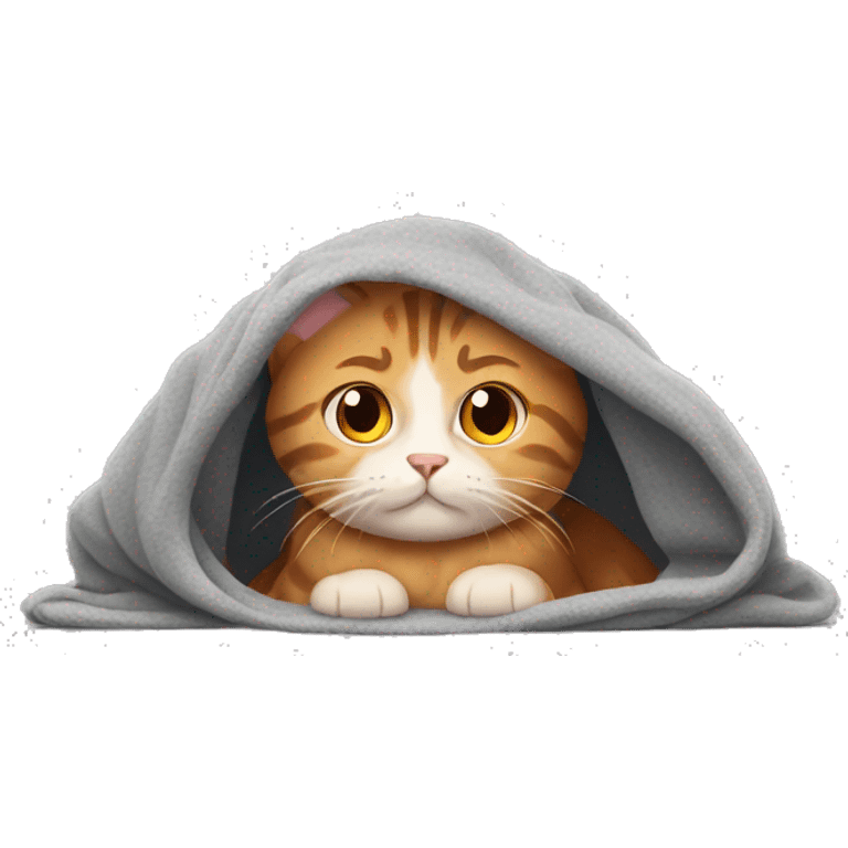 Cozy ginger girl in blanket with gray tabby cat emoji