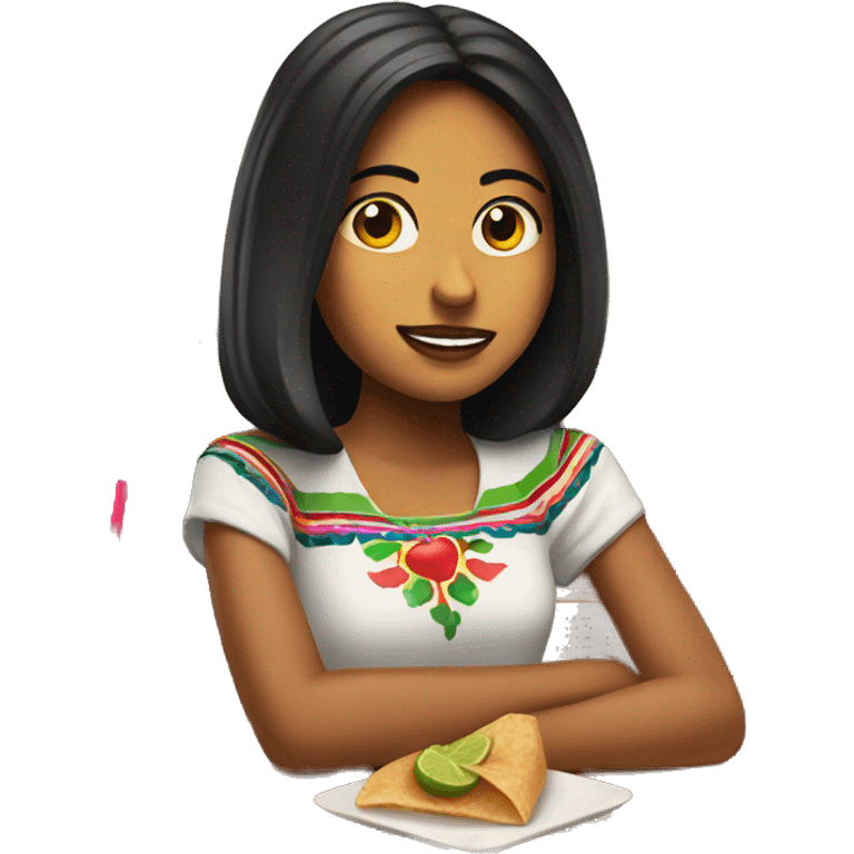 mexican girl sitting at apple bees emoji