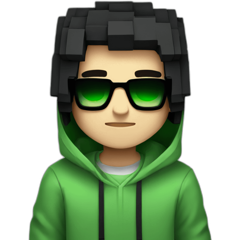 Young boy with green hoodie and sunglasses and black hair minecraft art emoji