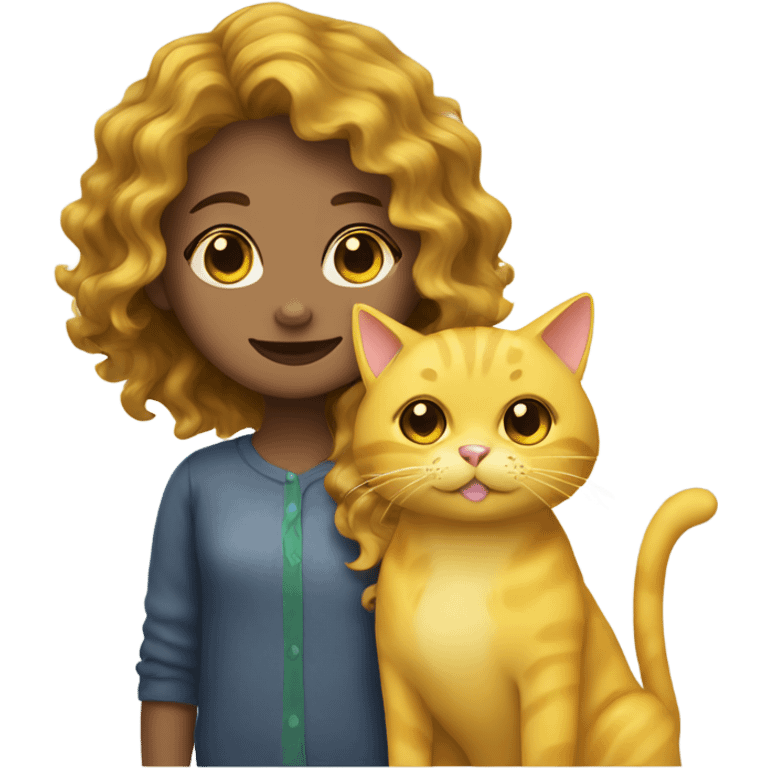 Wavy hair girl and yellow cat  emoji