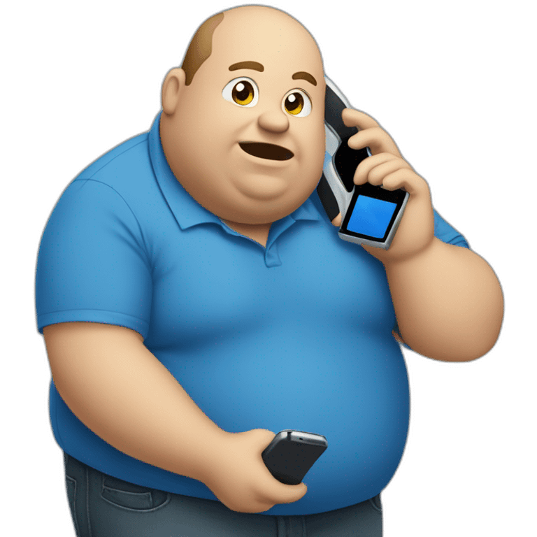 fat man in a blue shirt calling with cell phone emoji