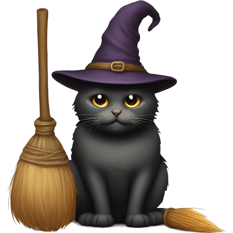 Dark fat cat wearing old witches hat, holding a broomstick by a potted plant  emoji